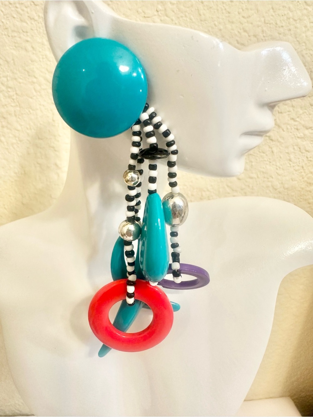 5” 80s-90s Vintage Acrylic Bold Turquoise Multi-Color Statement Drop Earrings
